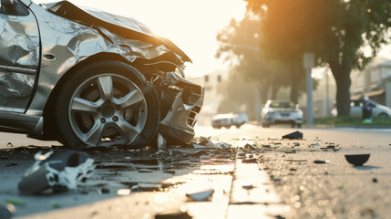 Damaged silver car with a dented door and shattered front section, indicating a recent car accident on a sunlit road with debris scattered around. - obrazy, fototapety, plakaty