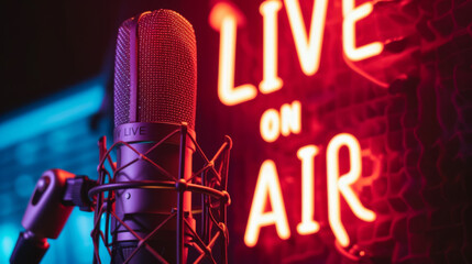 professional studio microphone with a "LIVE ON AIR" neon sign illuminated in the background, suggesting a live broadcasting or recording session.