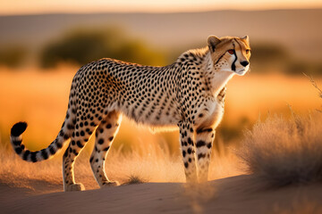 A majestic cheetah on the golden savanna at sunset, showcasing its power and grace.