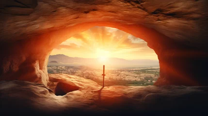 Poster Empty tomb with cross on mountain © Johnu