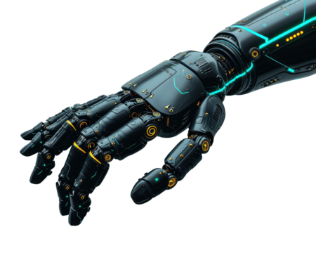 Black robot hand isolated on transparent background