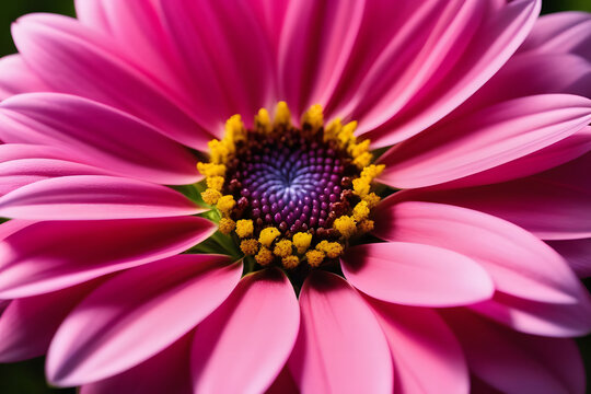 Pink daisy flower in full bloom with a yellow center and purple stigma
