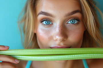 Portrait of a person with a stick of celery. Dieting and healthy eating - obrazy, fototapety, plakaty