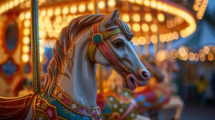 Fototapeta na wymiar Carousel horse with colorful bokeh light background