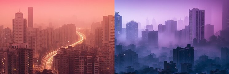 Fototapeta premium Double exposure of cityscapes at the moment of sunset and dawn with bright, contrasting shades with the dynamics and energy of city life. Concept: city life, event advertising