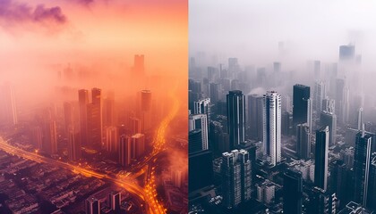 Obraz premium Double exposure of cityscapes at the moment of sunset and dawn with bright, contrasting shades with the dynamics and energy of city life. Concept: city life, event advertising