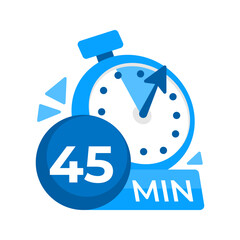 45 minutes timer. Stopwatch icon 45 min. Clock and watch limited cooking time. Vector illustration.