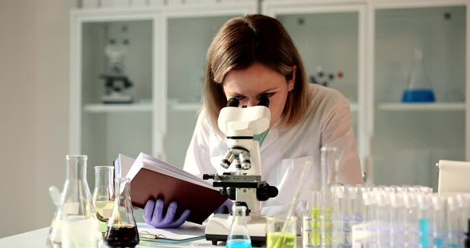 Scientist biologist checks records in science laboratory or research center. Checking analyzes in lab