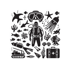 Vector scuba diving set silhouette vector illustration design