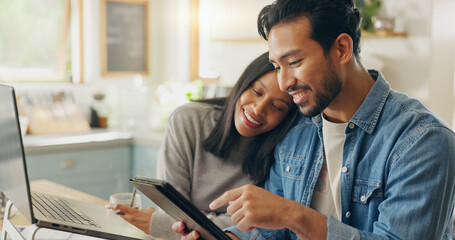 Home, typing and couple with a tablet, planning a meal and communication with social media,...