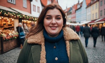 Fototapeta premium Young Woman Smiling in Winter Coat on Bustling European Street: Authentic Urban Connection