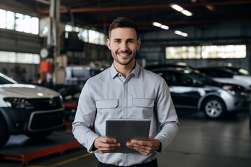 Automotive service advisor with tablet in hands, in car repair shop. 
