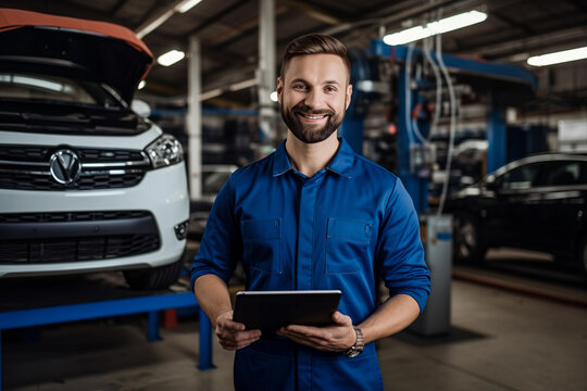 Automotive service advisor with tablet in hands, in car repair shop. 