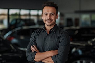 Portrait of car salesman standing in front of new vehicles in car dealership. 