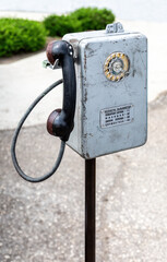 Soviet pay phone, a coin-operated public telephone. Text in russian: Call for free: fire dep. - 01, police - 02, emergency - 03, gas leak service - 04 - 730003661