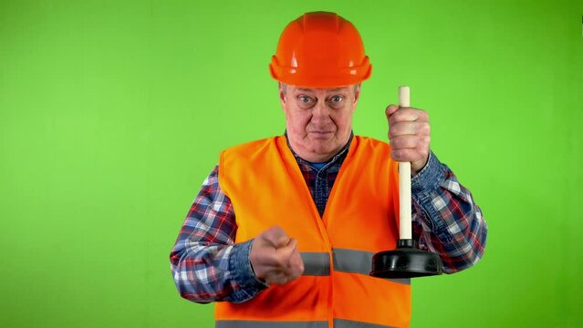 Plumber with toilet plunger boast lucrative job.
