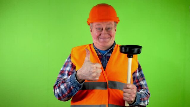Plumber with toilet plunger boast lucrative job.