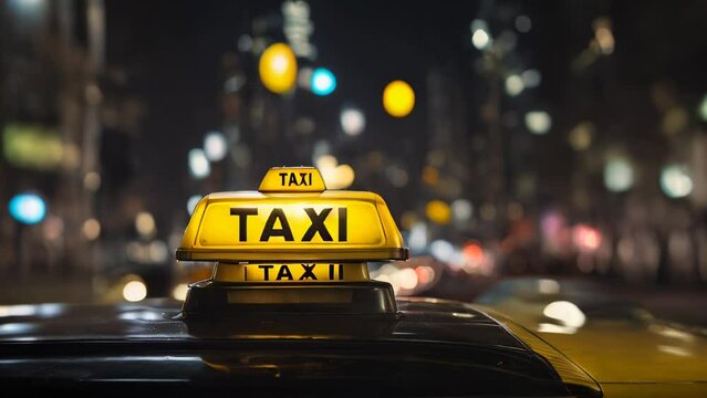 A taxi drives through the city at night. AI