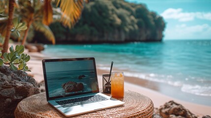laptop keyboard on the beach, remote job concept