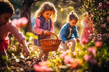 Poster Children with baskets eagerly scour a vibrant garden, searching for hidden Easter eggs amidst blooming flowers and lush greenery. Generated AI. © francodelgrando