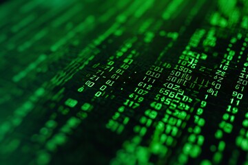 Fototapeta premium a stream of green binary code, illuminating the dark background with data. Ideal for representing cybersecurity, data processing, and digital information flow
