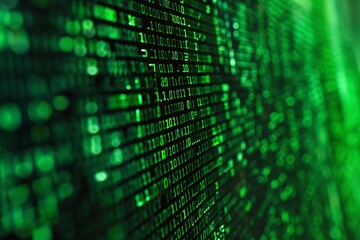 Obraz premium a stream of green binary code, illuminating the dark background with data. Ideal for representing cybersecurity, data processing, and digital information flow