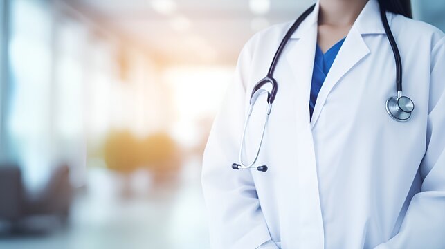 Medical woman in a blurred hospital background , medical woman, blurred background, hospital