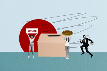 Collage creative poster illustration monochrome effect serious happy young woman man work donated coin abstract colorful template