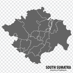 Blank map South Sumatra  province of Indonesia. High quality map South Sumatra with municipalities on transparent background for your web site design, logo, app, UI. Republic of Indonesia.  EPS10.