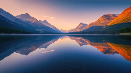 Fototapeta na wymiar Reflection of dawn on a calm lake with the majesty of misty mountains