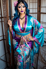 Geisha en kimono bleu cyan