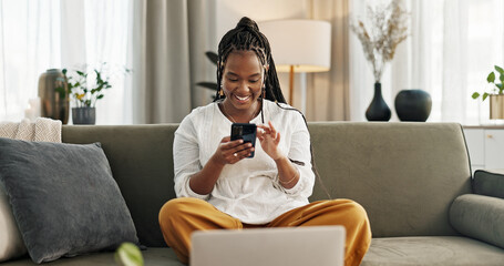Home, funny and black woman on a sofa, cellphone and connection with social media, comedy post and...