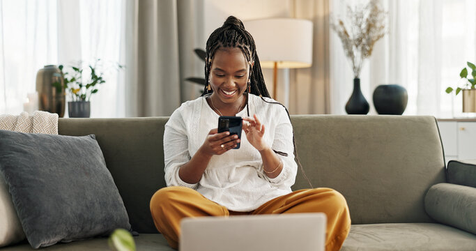 Home, funny and black woman on a sofa, cellphone and connection with social media, comedy post and laugh. African person, apartment or girl on couch, smartphone or mobile user with humor or typing