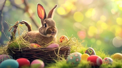 Rolgordijnen Easter bunny surrounded by a basket of colorful eggs, creating a heartwarming scene of Easter festivities © Muhammd