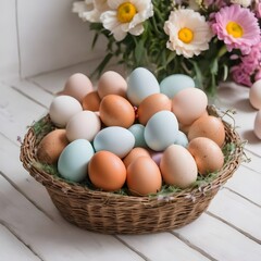 Basket of Eggs on White Wood floor with copy-space. Painted Easter Eggs with Flowers.