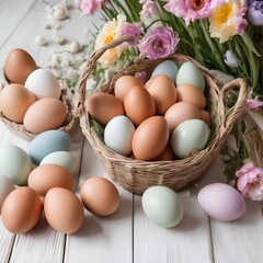 Basket of Eggs on White Wood floor with copy-space. Painted Easter Eggs with Flowers.