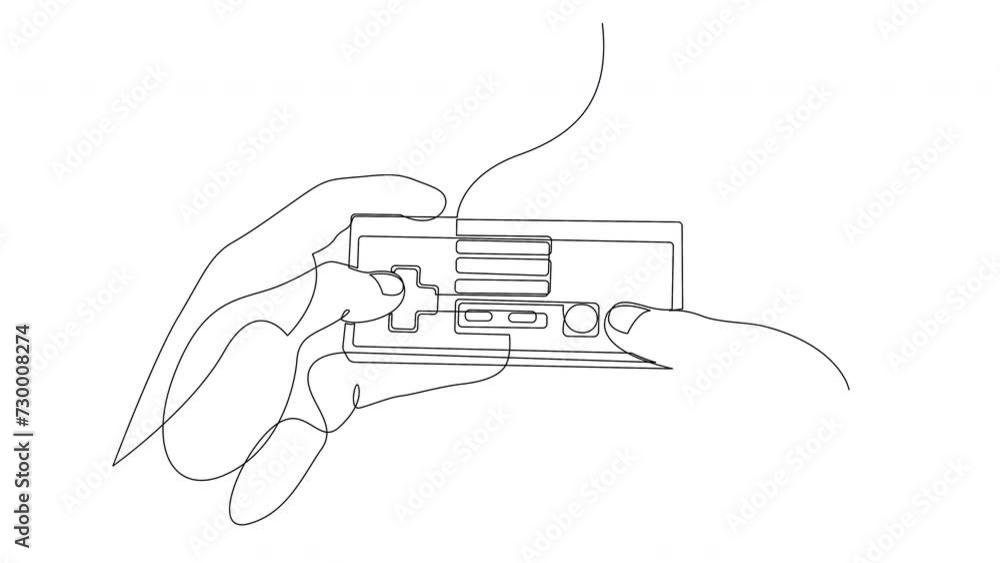 Poster self drawing animation of continuous line human hands holding vintage game console remote control. a