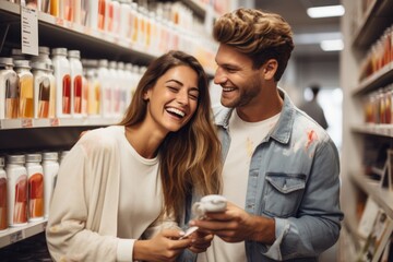 Happy couple shopping together, laughing in a store aisle