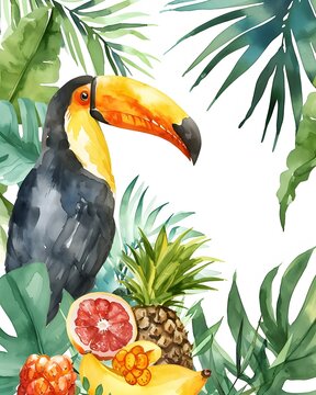 watercolor toucan bird tropical fruit clip art preview