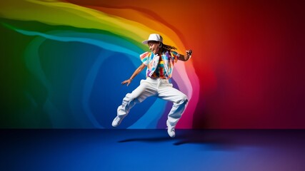 Street Groove Leap, A colorful rainbow captivating silhouette showcases a hip-hop artist's expressive jump, resonating with the beats of urban dance. Generative AI.