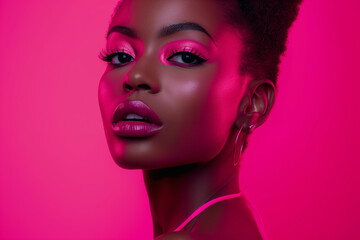 An exquisite close-up of a black woman enveloped in a captivating pink glow, her makeup and poised look embodying a modern, monochromatic allure.