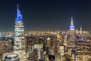 Fototapeta na wymiar New York City at night with three observation decks on display