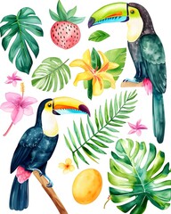 watercolor clip art, palm leaves, fruits, and toucans
