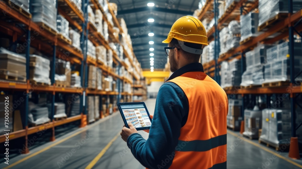Poster Distribution warehouse worker using digital tablet checking inventory storage on shelf, manage inventory control and delivery transportation through intelligent warehouse. Generative AI.