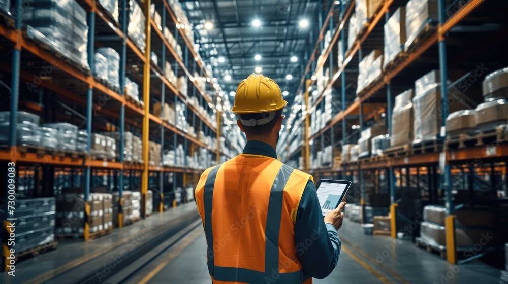 Aufkleber distribution warehouse worker using digital tablet checking inventory storage on shelf, manage inven
