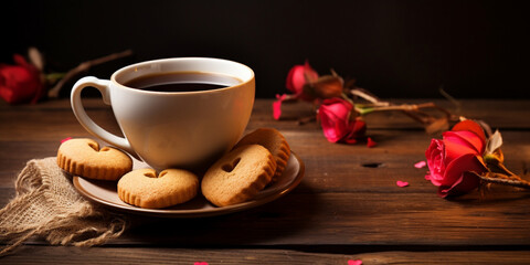 Traditional Coffee Cup With Heart-Shaped Steam On Rustic Wood, Traditional Coffee Cup With Heart-Shaped Steam On Rustic Wood ,A cup of coffee a plate of chocolate cookies cinnamon stickers roasted 