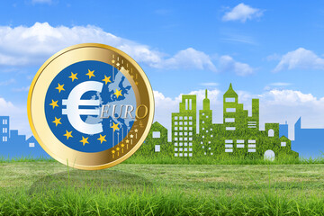 Budget Europe et transition écologique, ville verte, concept ville écologique sous le ciel bleu