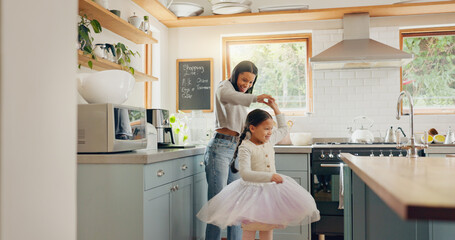 Dance, ballet and girl with mother in a kitchen together or mom support child and playing as a...