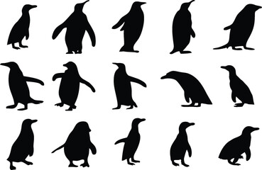 Penguin icons set. Penguin cartoon characters in multiple poses. Fish salmon illustration doodle in editable vector. Easy to change color or manipulate for designing online games. eps 10