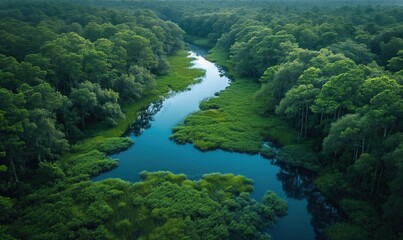 Fototapeta na wymiar Swampy river in a green forest, top view.